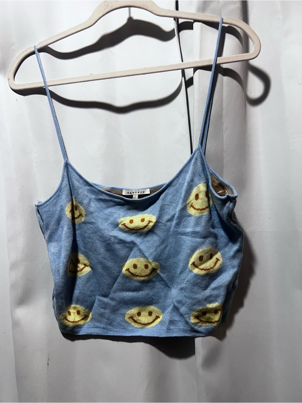 Baevley Blue Smiley Face Knit Crop Cami Top Size L Y2K - Picture 2 of 5
